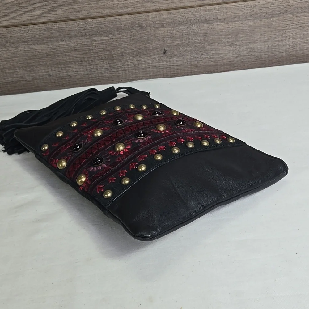 Lucky Brand Black and Red Embroidered Leather Clutch with Tassel